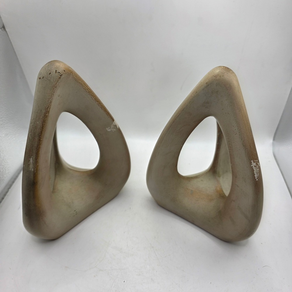 Vintage MCM Sculptural Triangle Bookends Pair Stone Composite Atomic Modernist